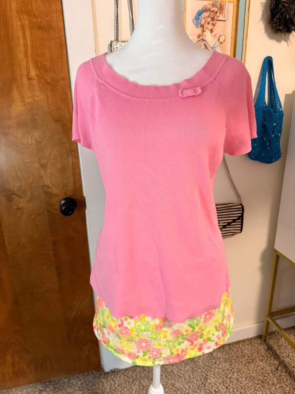 Vintage Sag Harbor Pink Short Sleeve Knit Sweater Size Medium